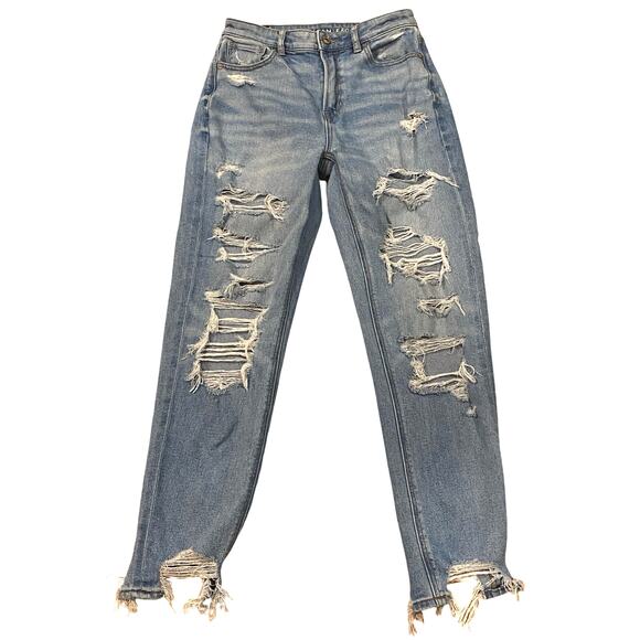 American Eagle Mom Jeans Womens Size 2 Blue Stretch Thrashed Destroyed Hipster - Picture 1 of 11